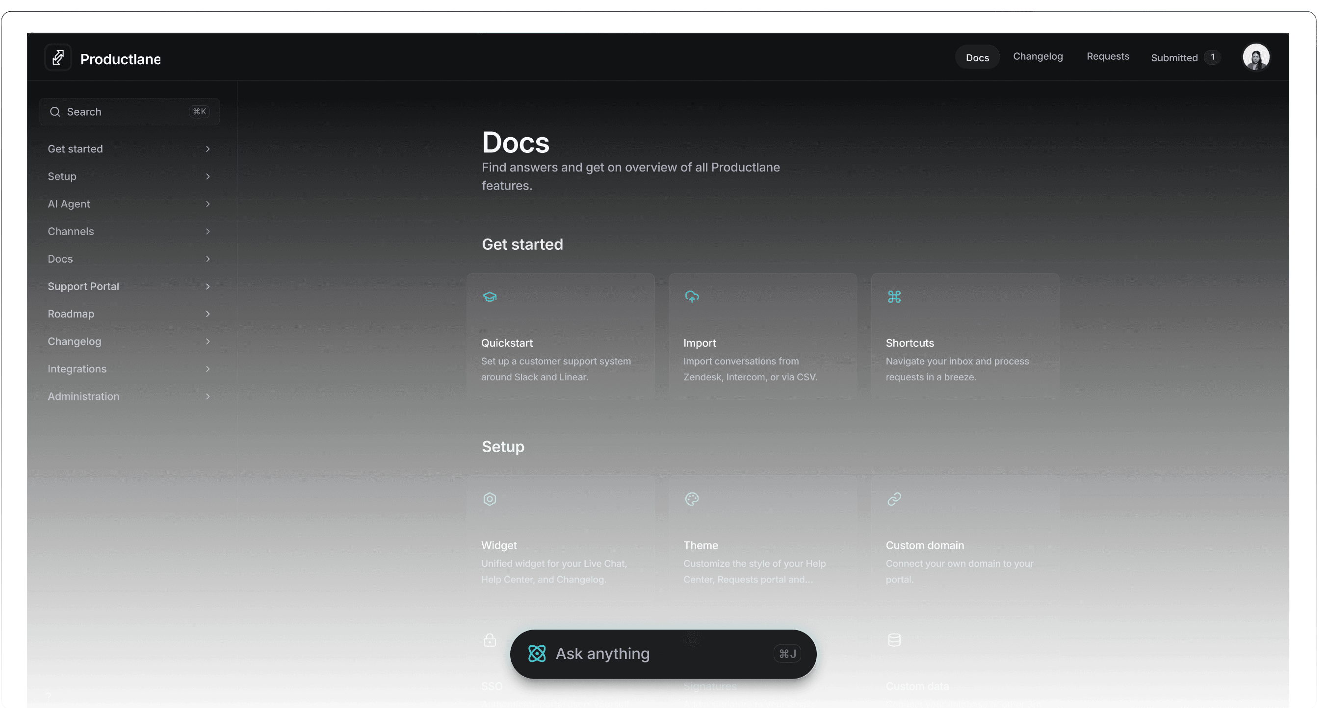 Help center with AI-powered Ask anything bar